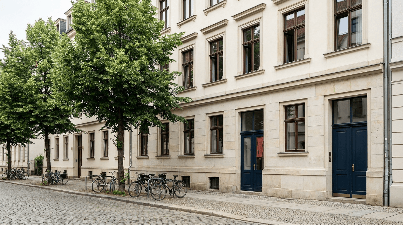 Restauriertes Leipziger Gründerzeithaus mit heller Putzfassade, tintenblauen Türen und begrüntem Hoteleingang