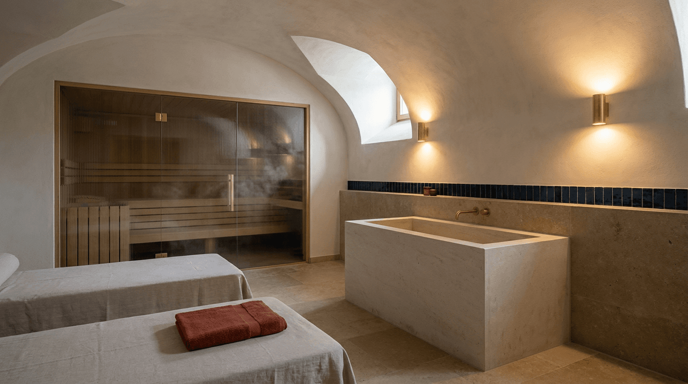 Kleiner gewölbter Wellnessbereich mit warmem Steinbad, Sauna und ruhigen Liegenischen