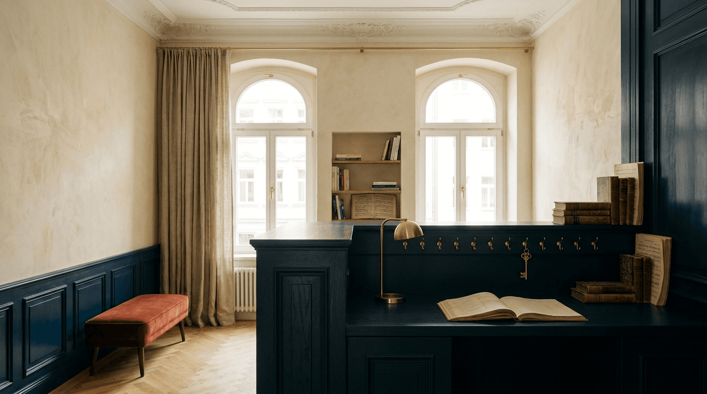 Intimes Empfangszimmer mit dunklem Holztresen, oxidroter Wand und kleiner Sitzgruppe