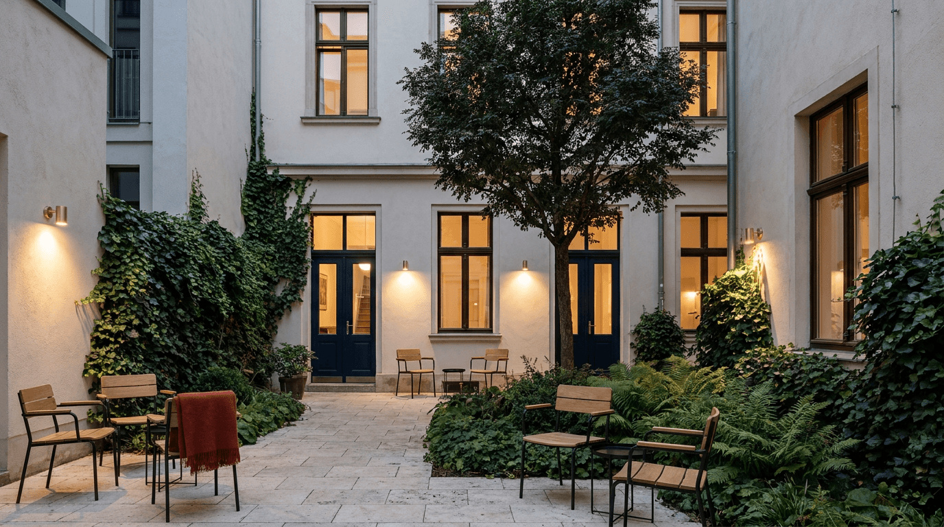 Begrünter Innenhof des Haus Ligatur mit cremefarbener Fassade und warm erleuchteten Fenstern bei blauer Stunde