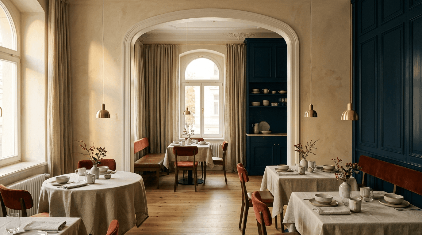 Helles Speisezimmer mit gedeckten Holztischen, tintenblauen Wänden und hohen Gründerzeitfenstern